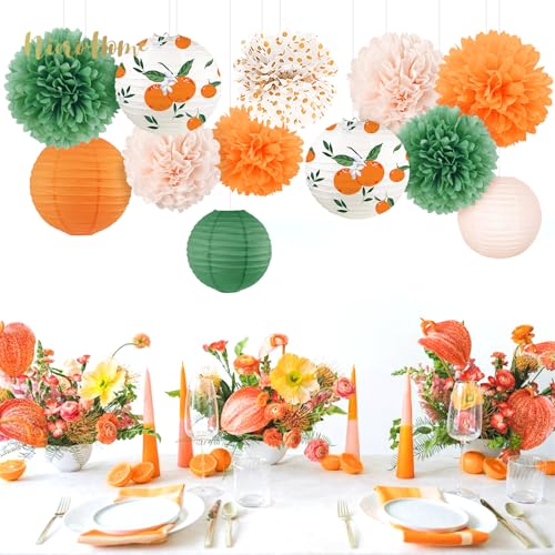 Image of NICROHOME EUR Little Cutie Baby Shower Decorations, 12 PCS Orange Green Tissue Paper Pom Poms and Lanterns Set for Spring Summer Party Decorations, Fruit Citrus Themed Birthday Party Supplies