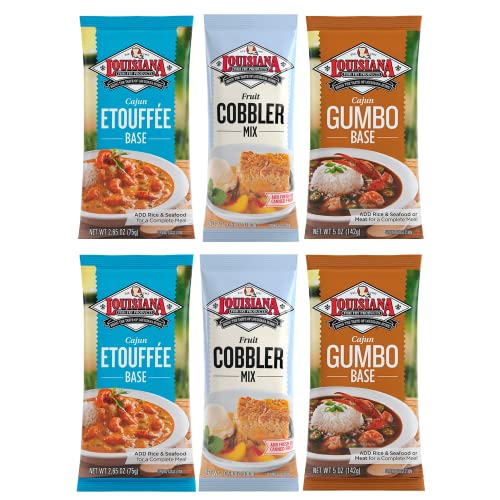 Louisiana Fish Fry Products 3 Flavor 6 Package Variety Bundle: (2) Lousiana Cajun Etouffee Base, (2) Louisiana Cajun Gumbo Base, and (2) Louisiana Fruit Cobbler Mix, 2.65-10.58 Oz. Ea. (6 Bags Total)