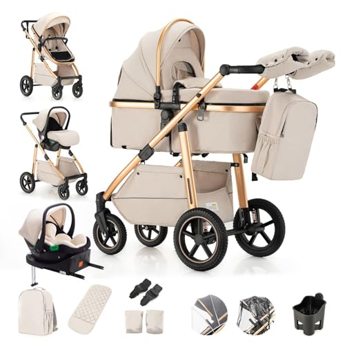 Lnhcrbs Carrito Bebe 3 En 1, Silla De Paseo Reversible, Sillas De Paseo – Asa Ajustable, 0-4 Años, Le Châssis De La Poussette Est En Aluminium, Ce Qui Le Rend Plus Léger Et Plus Maniable, 22 Kg,Beige