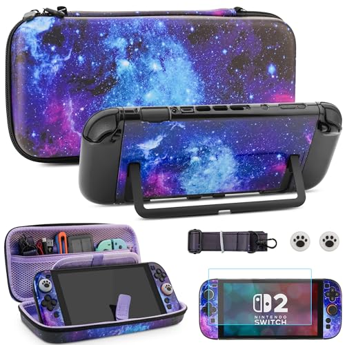 FUNDIARY Galaxy Travel Case for Nintendo Switch 2 Accessories Kit for Switch Two Console with Portable Storage Bag, Protective Dockable Cover, Screen Protector, Shoulder Strap and 2 Thumb Caps