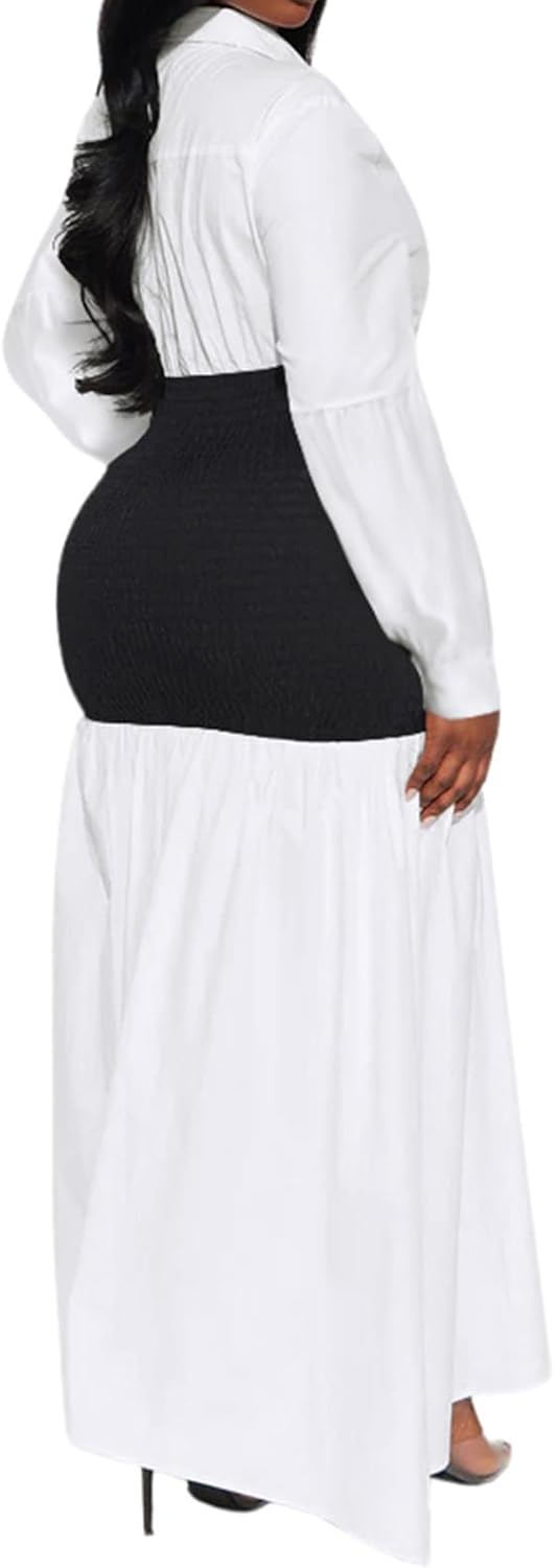 Ekaliy Women's Puff Long Sleeve Shirt Dress Elegant Button Down Loose Swing Party Maxi Dress - Image 2