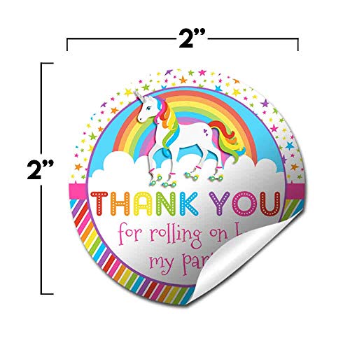 Rainbow Unicorn Roller Skating Themed Thank You Sticker Labels For Kids, 40 2" Party Circle Stickers By Amandacreation, Great For Party Favors, Envelope Seals & Goodie Bags #TOP4