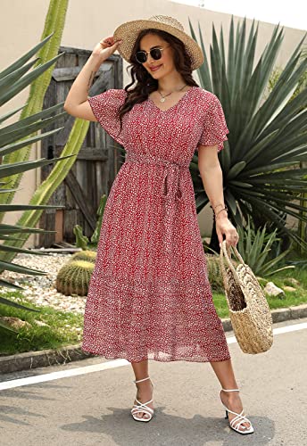 Image of Nemidor Plus Size Women Casual Maxi Dresses Print Bobo Belted Layered Chiffon Summer Long Dress with Ruffle Sleeve