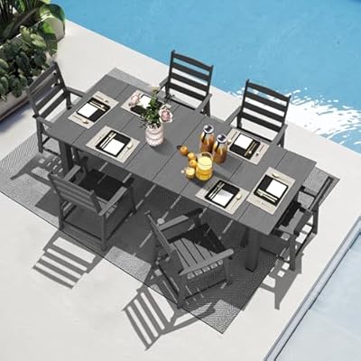 LOUNZY 7 Pieces Patio Dining Sets, 75.2'' Table Outdoor HDPE Furniture Set w/ 2" Hole Cut-Out Dining Table with 6 Patio Chairs for Lawn, Pool and Yard,Gray