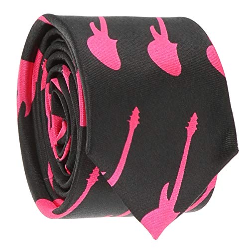 Cravate Guitare Noire et Rose - Cravate Homme Originale Thème Musique Rock - Motif Fantaisie Rose Fushia sur Fond Noir
