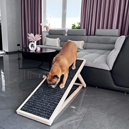 Muntel Hunderampe, Hundetreppe aus Holz, verstellbar, Hunderampe für kleine Hunde, Rampe für Hunde,Hunde Treppen,Höhenverstellbar, Schwarz/Holz, bis 40 kg belastbar.