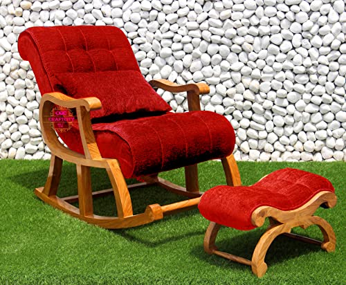 Image of CRAFTCITY Rocking Chair |Sheesham Wood Elegant Rocking Chair with Pillow and Matching Foot Stool and Pre assembeled(Red)