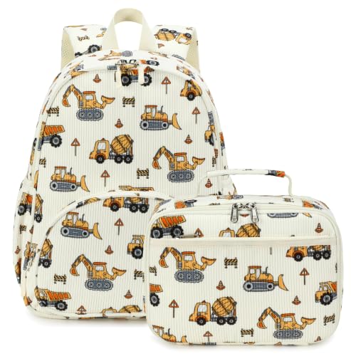 Image of LOIDOU Kids Backpack with Lunch Box Set, Toddler Preschool Boy Backpack with Chest Strap Kindergarten Backpack LunchBox Combo (Construction Car)