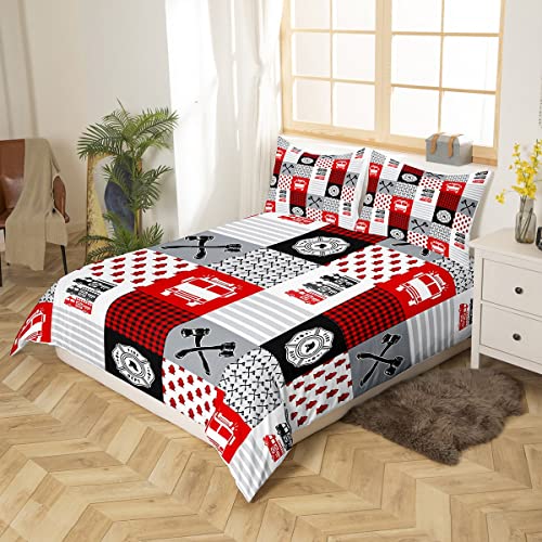 Feelyou Red Fire Truck Car Duvet Cover Firefighter Bedding Set Fire Engine Comforter Cover For Kids Room Decor Firemen Car Vehicle Bedspread Cover Geometric Lattice Grid Twin Size With 1 Pillow Case #TOP2