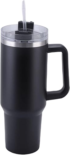 Miniatura 1 de Vaso de 40 onzas con asa y pajilla, reutilizable, de acero inoxidable, con aislamiento térmico, para bebidas frías y calientes (negro)