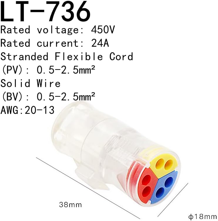 Electrical Wire Connector,Plug-in Wire Terminal, Quick Cable Connectors,Quick Splitter Terminals,450V,24A,AWG20-13(LT-724,10 PCS)