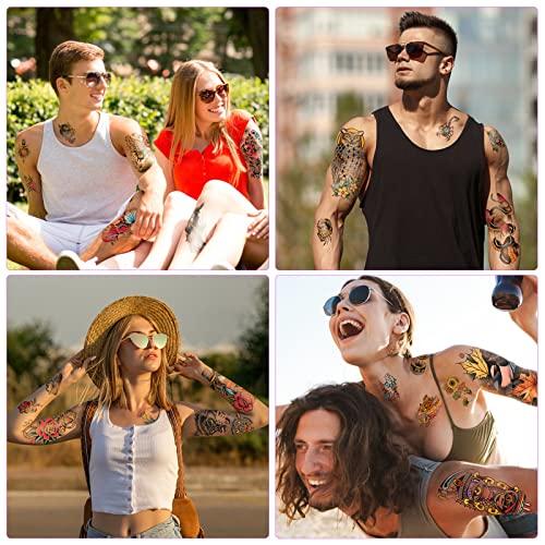 77 Sheets Classic Temporary Tattoos Old School Vintage Colorful Realistic Half Arm Fake Tattoo Stickers Flower Butterfly Snake Owl Shark For Men Women And Kids Tattoos #TOP4