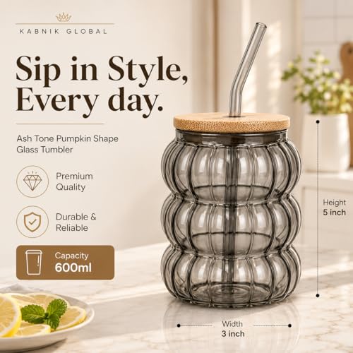 Image of Glass Tumblers with Wooden Lid and Glass Straw, 600ml, Borosilicate Glass, for Coffee, Iced Coffee, Juice and Smoothies, Coffee Mug, Sipper (Grey - Pumpkin Shape)