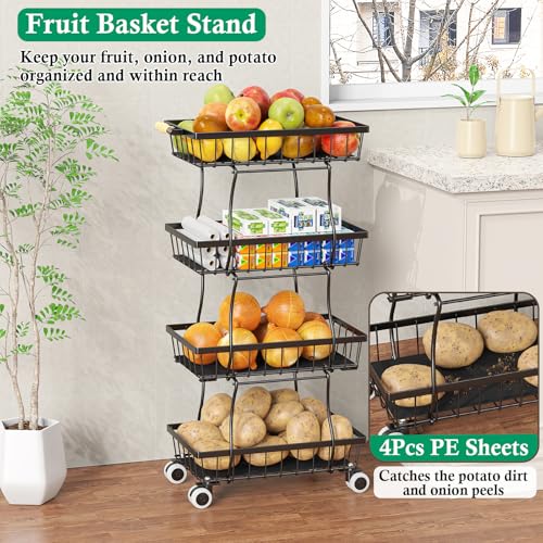 Fruit-Basket-4-Tier-Small-Kitchen-Organizer-and-Storage-Cart-on-Wheels-Rolling-Pantry-Snack-Cart-with-Handle-for-Storing-Fruit-Potato-Onion-Snacks-Vegetables-Bread-Produce Fruit Basket 4 Tier Small Kitchen Organizer and Storage Cart on Wheels Rolling Pantry Snack Cart with Handle for Storing Fruit Potato Onion Snacks Vegetables Bread Produce