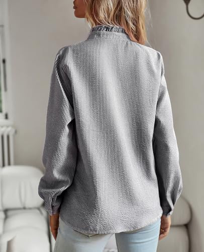 ebossy Women's Ruffled Solid Stripes Babydoll Blouse Button Down Formal Business Shirt Top2