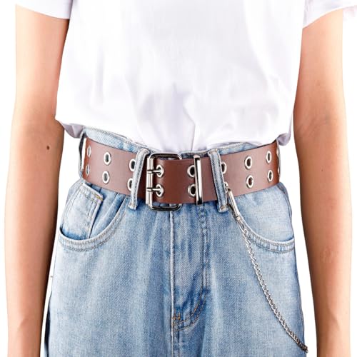 Double Grommet PU Belt with Waist Chain Punk Belt Web Belt Eyelet Belt for Women Men Jeans Dresses 2 Hole Belts