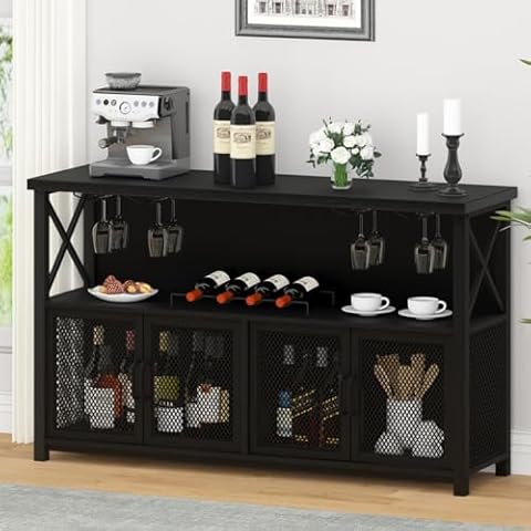 LVB Black Coffee Bar Cabinet, Modern Liquor Cabinet for Liquor and Glasses, Kitchen Sideboard Buffet Cabinet with Wine Rack Storage, Farmhouse Wine Cabinet for Home Living Dining Room, Black Oak 47 In Cover