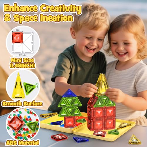 Image of Mini Magnetic Tiles Travel Set - 40PCS Diamond Texture Magnetic Building Blocks for Kids, 10% Thicker & Portable Yellow Metal Storage Box, Montessori STEM Educational Toys Gift for Ages 3+