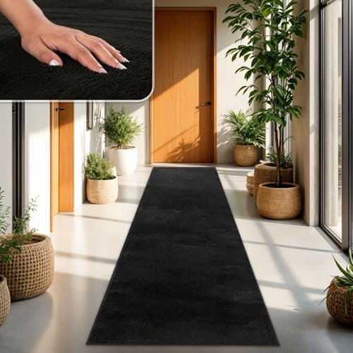 TT Home Wohnzimmer Teppich Kurzflor Anti-Rutsch Rückseite Unifarben Modern Waschbar, Farbe: Schwarz, Größe:80x300 cm