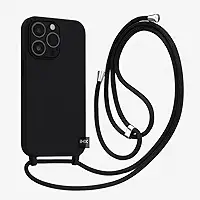 Capa Case Capinha Para iPhone 15 PRO MAX Silicone Com Cordão Alça De Pescoço Ajustável Veludo Premium (PRETO)
