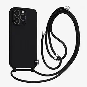 Capa Case Capinha Para iPhone 15 PRO MAX Silicone Com Cordão Alça De Pescoço Ajustável Veludo Premium (PRETO)
