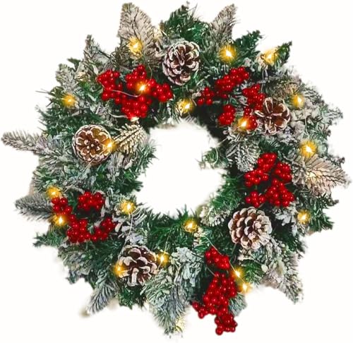 Christmas Wreaths,45cm Christmas Wreaths with Led Light，Christmas Wreath for Holiday,Outdoor Light up Christmas Wreath for Front Door,Christmas Party Decorations.