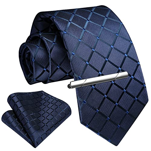 Image of Enlision Ties for Men Plaid Stripe Tie Handkerchief Woven Classic Formal Necktie Pocket Square Clip Set
