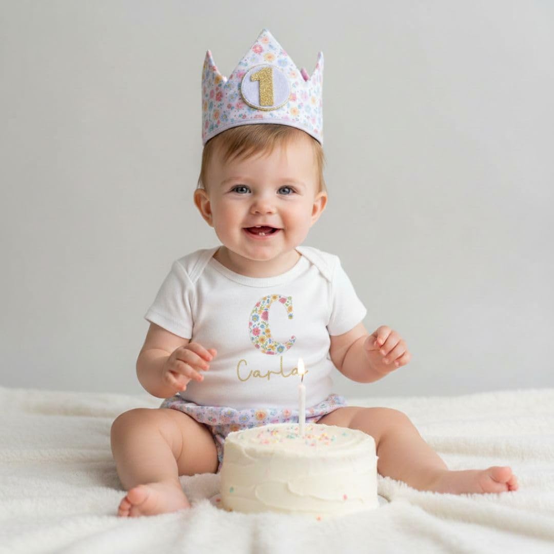 Genérico - Conjunto Cumpleaños 1 año Personalizado - Camiseta con nombre Bebé - Regalo primer cumpleaños - Smash Cake - Corona cumpleaños
