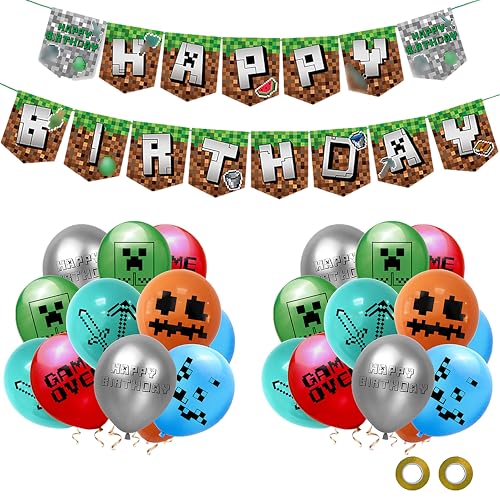 DABAOOU Gaming Pixel Birthday Cartoon Party Decoration 1Pcs Happy Birthday Banner 24Pcs 12 inch Latex Balloons Video Game Themed Fans for Girls Boys Party Decor Supplies