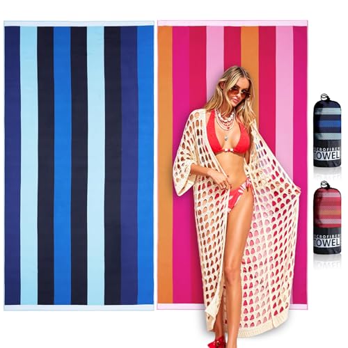 Image of 2 Pack Beach Towels,180X90cm with Bags, Extra Large Microfibre Beach Towels for Adult, Single-Sided Print, Quick Dry Sand Free, Compact Thin, for Beach, Swimming,Camping,Travel,Holiday,Gym (Bule+Pink)