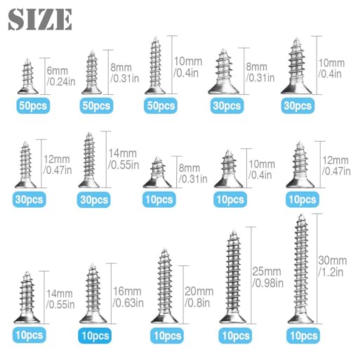 350Pcs Cross Head Countersunk Self Tapping Screws Sliver 304 Stainless Steel Assorted Sizes Metal Screws Assortment with 1Pc Wrench M2 M3 M4 - Image 4