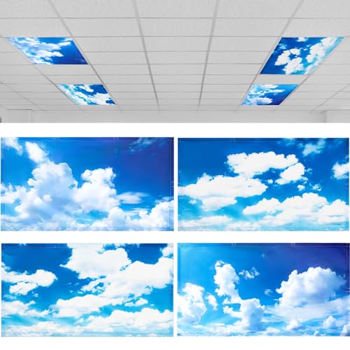 Image of ROCEEI Pack of 4 Fluorescent Light Covers for Ceiling Lights, 4 x 2 Ft, Magnetic Light Covers for Classroom Office Home School Ceiling Decor(Blue Sky White Clouds)