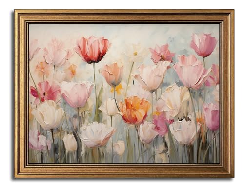 Gold Framed Wall Art Vintage Flower Canvas Wall Art Floral Nature Spring Colorful Flower Artwork Prints Picture for Living Room Bedroom Farmhouse Bathroom Office Decor, 12x16