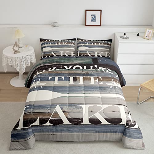 Lake House Comforter Sets Queen Size Rustic Farmhouse Bedding Set Wooden Print Grey White Bedspread For Kids Adults Men Lake House Decor Home Cabin Women Boys Country Style Quilted Duvet Insert 3Pcs #TOP8