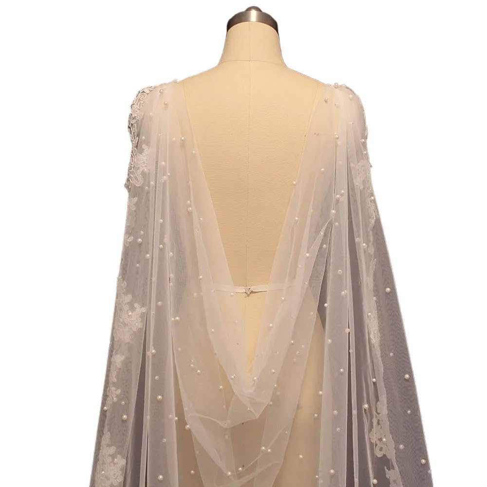 Chal Boda para Mujer Capa de Encaje Nupcial con Perlas: Chaqueta de Novia de 2,5 m con Ribete de Encaje, Color Blanco(300cm)