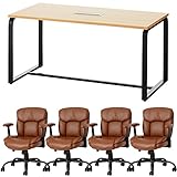 法人様向け オフィスコム 4人用 応接会議セット メティオ ミーティングテーブル 1500×750 ナチュラル + ソファーチェア レザーチェア ピグリー ブラウン 4脚セット MTS1575-HB-Pig-4-BR-NA