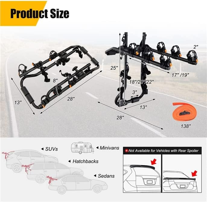 Miniatura 9 de Portabicicletas montado, soporte para 3 bicicletas con longitud y ángulo ajustables, cunas protectoras, correas de fijación, portaequipajes de