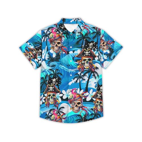 Image of THE PIRATE KING Funny Pirate Hawaiian Shirt Boys Girls Beach Tropical Casual Short Sleeve Button Down Shirt for 5-14 Years
