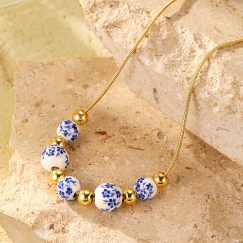 Blue And White Necklace For Women, 14k Gold-Plated Chain And Ceramic Beads Blue Floral Pattern Vintage Chinese Minimalism Style Jewelry Gift2