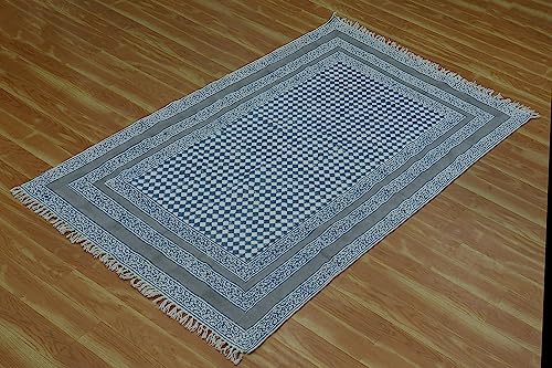Tapis indien imprimé coton géométrique gris beige pompons déco tapis lavable 1,5m - 5