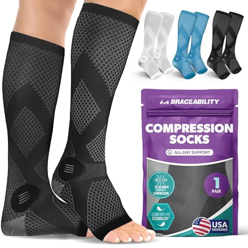 BraceAbility Compression Socks for Circulation - 20-30 mmHg Knee High Neuropathy Open Toe Stockings Best for Varicose Veins, Restless Leg, POTS, Toeless Support for Men, Women - 1 Pair (XL - Black)