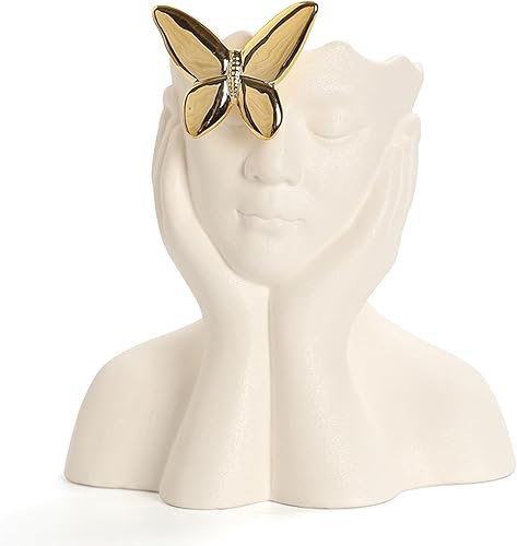 PAVLDSIN Jarrón de cerámica blanca para decoración, cabeza de forma humana creativa, medio cuerpo, busto, floreros con mariposa para el hogar,