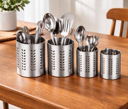 Image of Stainless Steel Multipurpose Spoon Holder for Kitchen | Cutlery Stand & Spoon Stand Steel for Dining Table | KnifeStand Spatula Holder for Kitchen| Utensils Organiser forKitchen(Set of 4)