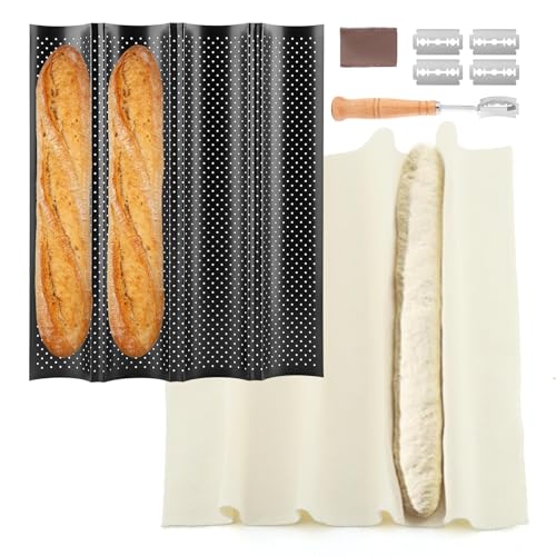 4-Slot French Baguett-e Pan Set, Non-Stick French Bread Baking Pan with Proofing Cloth and Stainless Steel Dough Cutter, Making Molds Home Baking Tools Kit for Homemade Bread (SIZE:15x13 Inch)