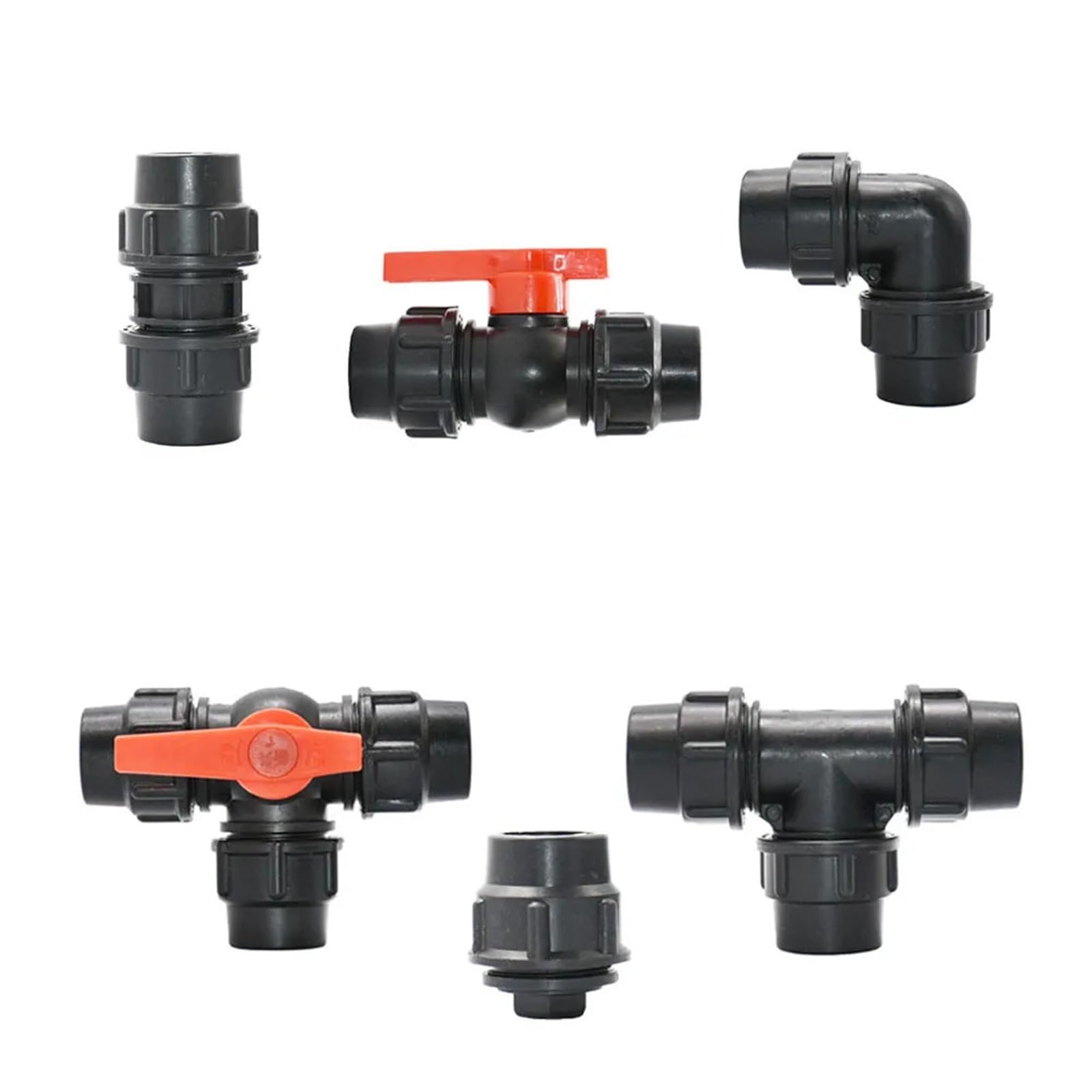 Accesorio de riego en T de 25mm con válvula esférica de alta densidad para huertos de PE