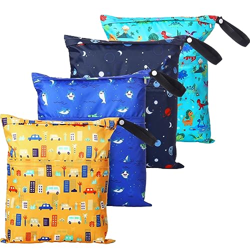 Image of Frienda 4 Pieces Cloth Diaper Wet Dry Bag, Waterproof Reusable Washable Bag for Baby Items and Travel Zippered Pockets with Handle, Beach, Swimsuit, Dirty Gym Clothes and Toiletries(Nature)