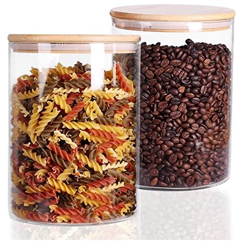 CZFWin Set of 2 Glass Flour Container with Airtight Bamboo Lid, Large Glass Food Jar with Wooden Lid for Storage Flour, Sugar, Cookies, Rice, Coffee Beans(3L) Cover