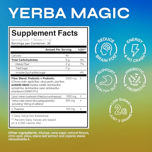 Yerba Magic - Yerba Mate Instant Tea Powder, 3-in-1 Super Drink - Clean Energy, Brain Fog Buster, and Gut Health Powered by Nootropics, Prebiotics & Probiotics | Pina Colada 30 Servings