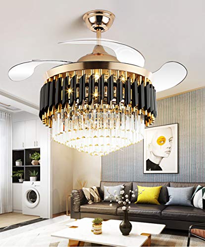 Fandian 42" Crystal Ceiling Fan With Light Remote Control Chandelier Retractable Fandelier, Luxury 3 Color Lighting For Dining Room, Living Room #TOP4