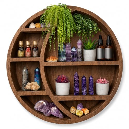 Nimpro Wooden Crescent Moon Shelf — Boho Wall Decor Crystal Display Shelf for Bedroom, Dorm & Nursery | Crystal Holder for Essential Oils, Witchy & Moon Phase Decor | 14x14x3.5 | Paulownia Wood